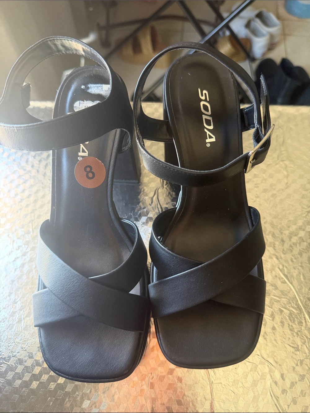 Soda Black Strappy Block Heel Sandals